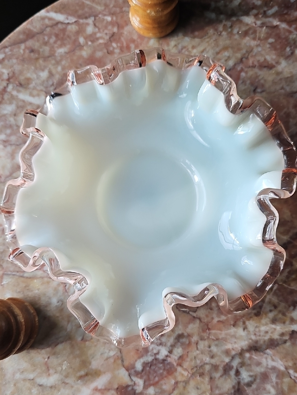 Vintage Fenton White and Pink Ruffled Glass Bowl - Home Art
